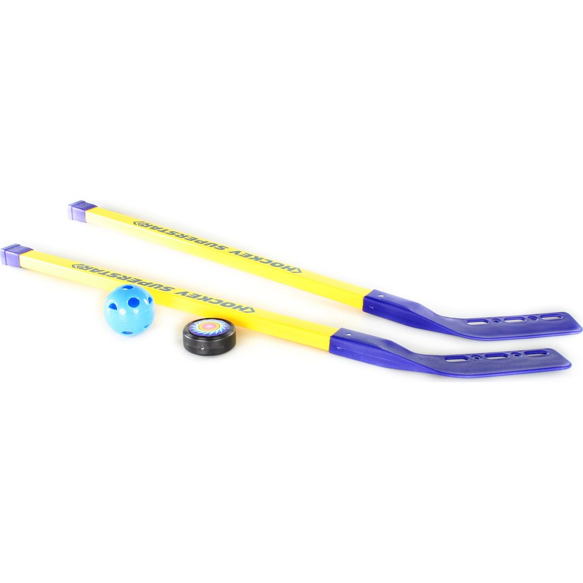 Hokejka s pukem a florbalovým míčkem žluto-modré