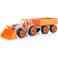 Traktor oranžový s přední lžící a vlekem