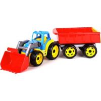 Traktor modrý s přední lžící a červeným vlekem